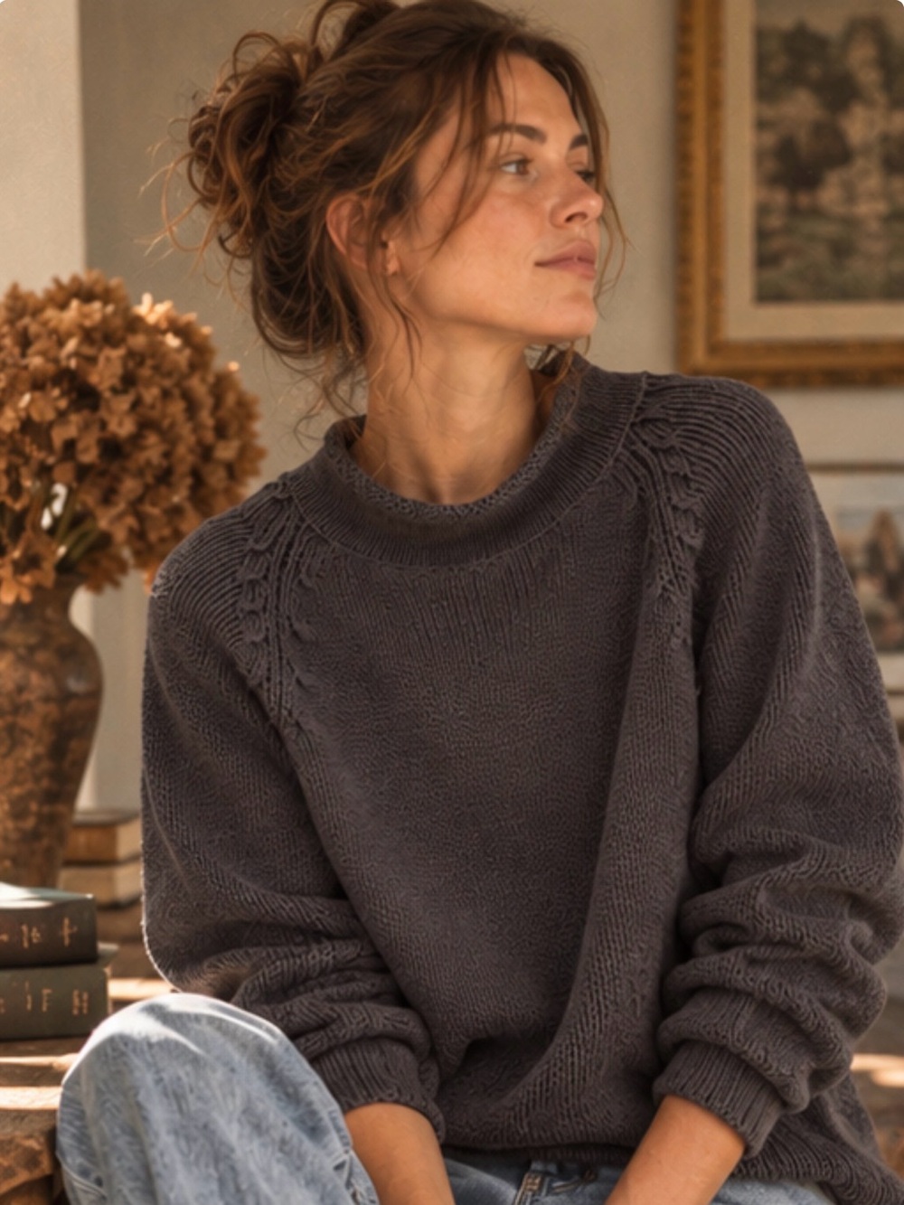 Vintage J.Crew 100% Cotton Charcoal Raglan Knit Sweater M Oversized